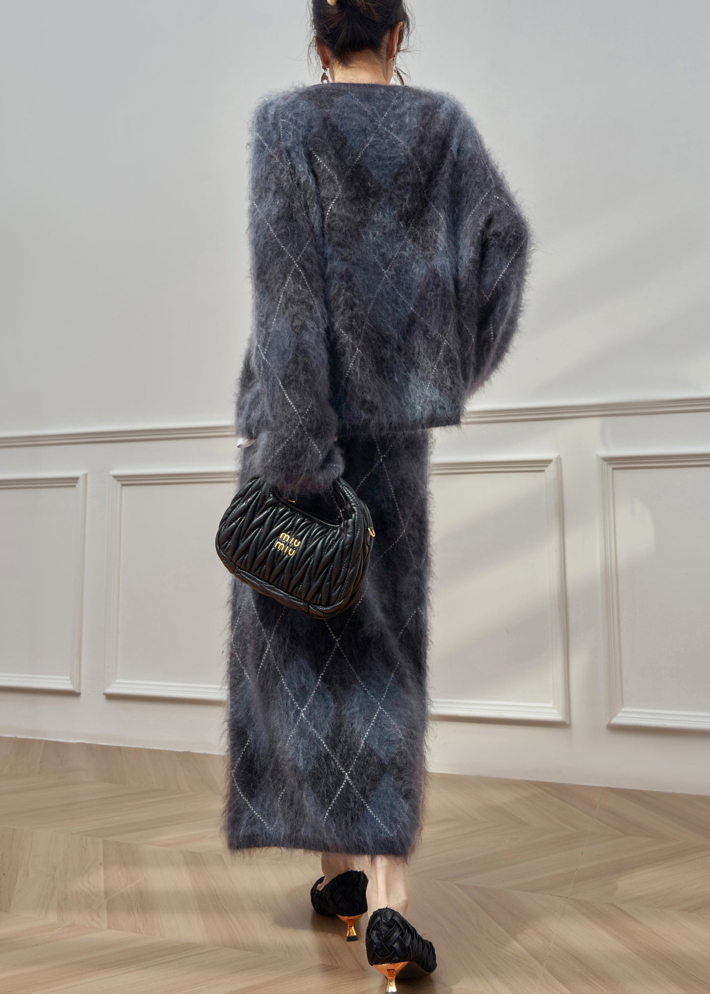 Plus Size Plaid O Neck Cweaters And Skirts Ma Hai Mao Two Pieces Set Winter