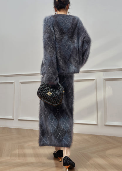 Plus Size Plaid O Neck Cweaters And Skirts Ma Hai Mao Two Pieces Set Winter