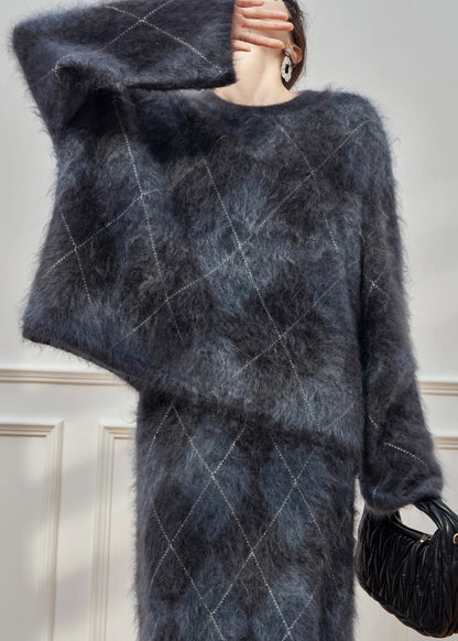 Plus Size Plaid O Neck Cweaters And Skirts Ma Hai Mao Two Pieces Set Winter