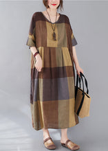 Load image into Gallery viewer, Plus Size Plaid V Neck Patchwork Linen Long Dresses Summer