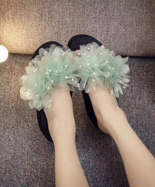 Plus Size Platform Faux Leather Green Flower Pearls Thong Sandals