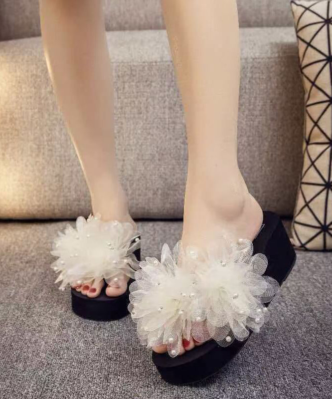 Plus Size Platform Faux Leather Green Flower Pearls Thong Sandals