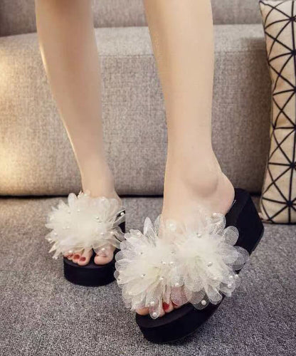Plus Size Platform Faux Leather Green Flower Pearls Thong Sandals