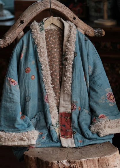 Plus Size Pockets Print Faux Fur Patchwork Fine Cotton Filled Jacket Winter