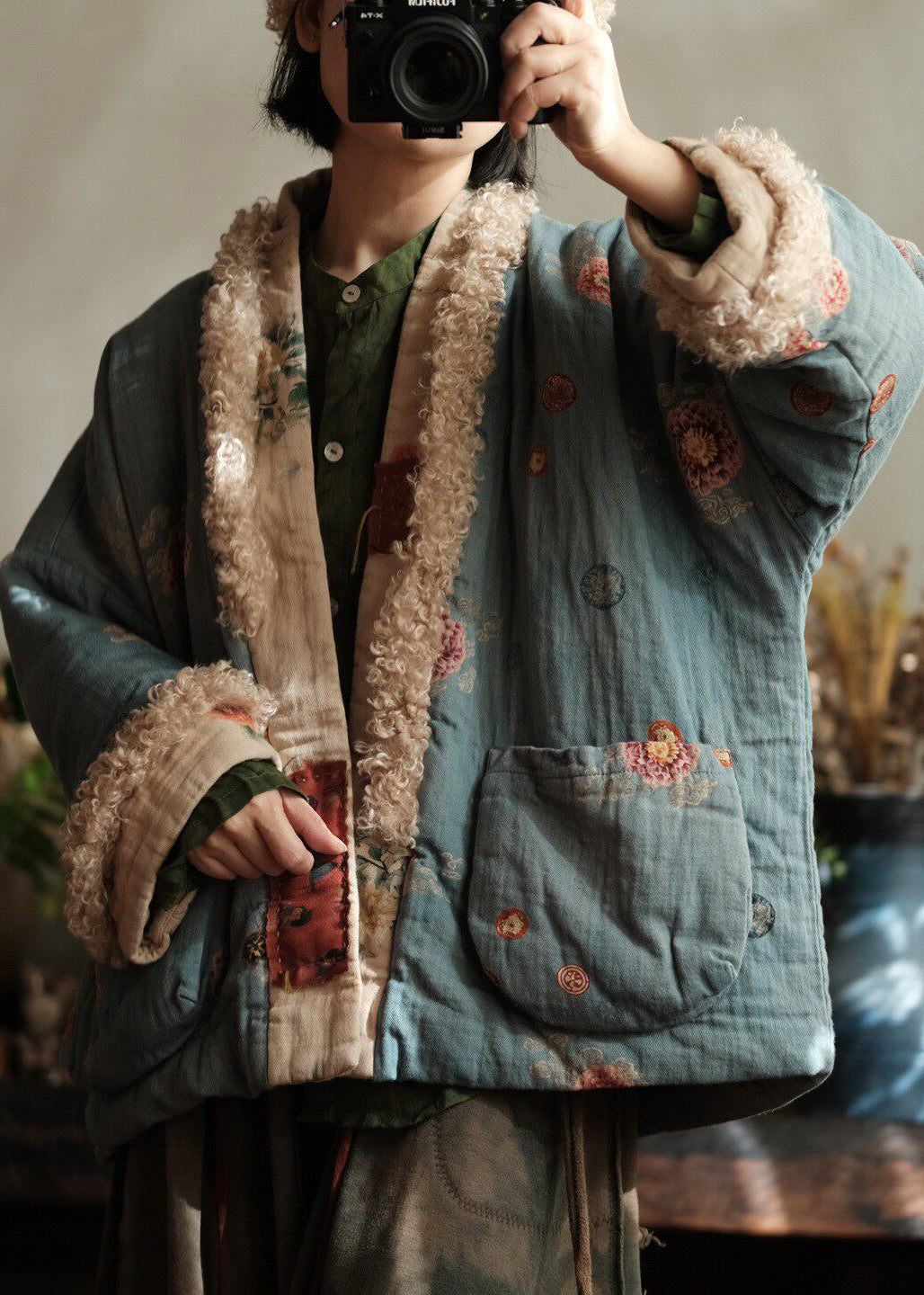 Plus Size Pockets Print Faux Fur Patchwork Fine Cotton Filled Jacket Winter