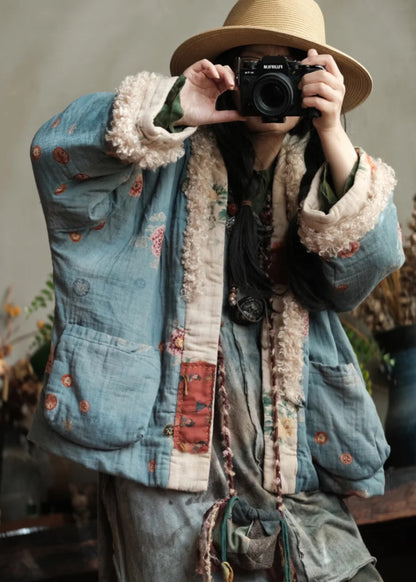 Plus Size Pockets Print Faux Fur Patchwork Fine Cotton Filled Jacket Winter