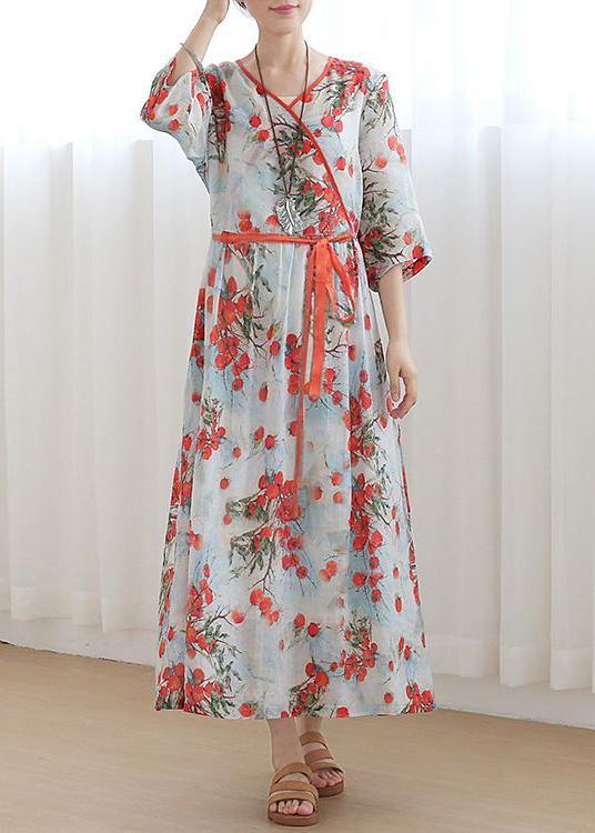 Plus Size Print Oriental Linen Tie Waist Summer Mid Dress - SooLinen