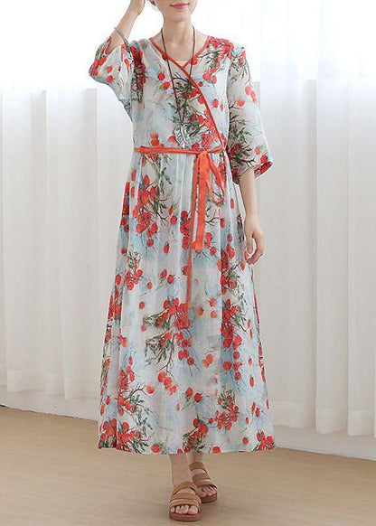 Plus Size Print Oriental Linen Tie Waist Summer Mid Dress - SooLinen