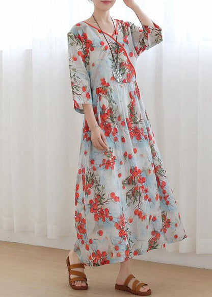 Plus Size Print Oriental Linen Tie Waist Summer Mid Dress - SooLinen