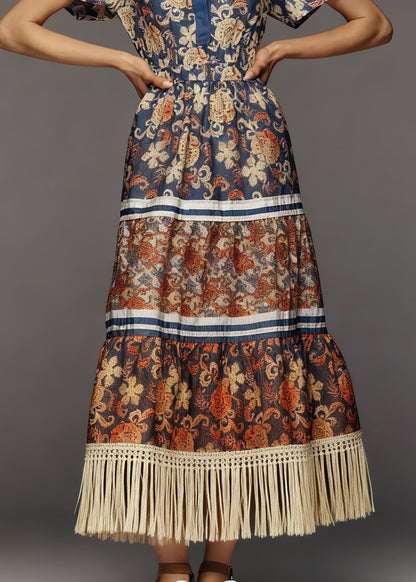 Plus Size Print Tasseled Patchwork Cotton Dress Summer