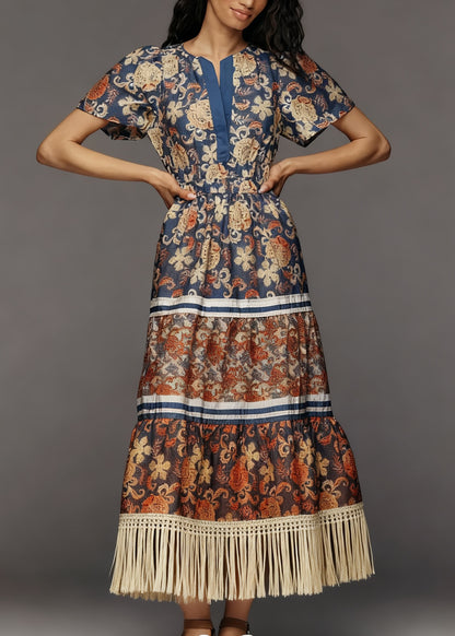 Plus Size Print Tasseled Patchwork Cotton Dress Summer