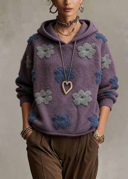 Plus Size Purple Floral Hooded Cotton Knit Sweaters Spring