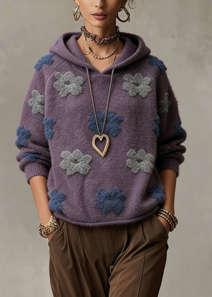 Plus Size Purple Floral Hooded Cotton Knit Sweaters Spring