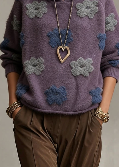 Plus Size Purple Floral Hooded Cotton Knit Sweaters Spring