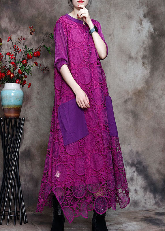 Plus Size Purple Lace Pockets side open Fall Long sleeve Dresses