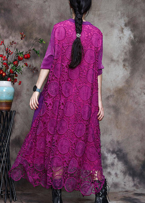 Plus Size Purple Lace Pockets side open Fall Long sleeve Dresses