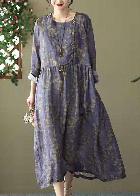 Plus Size Purple O-Neck Cinched Button Print Linen Dress Long Sleeve