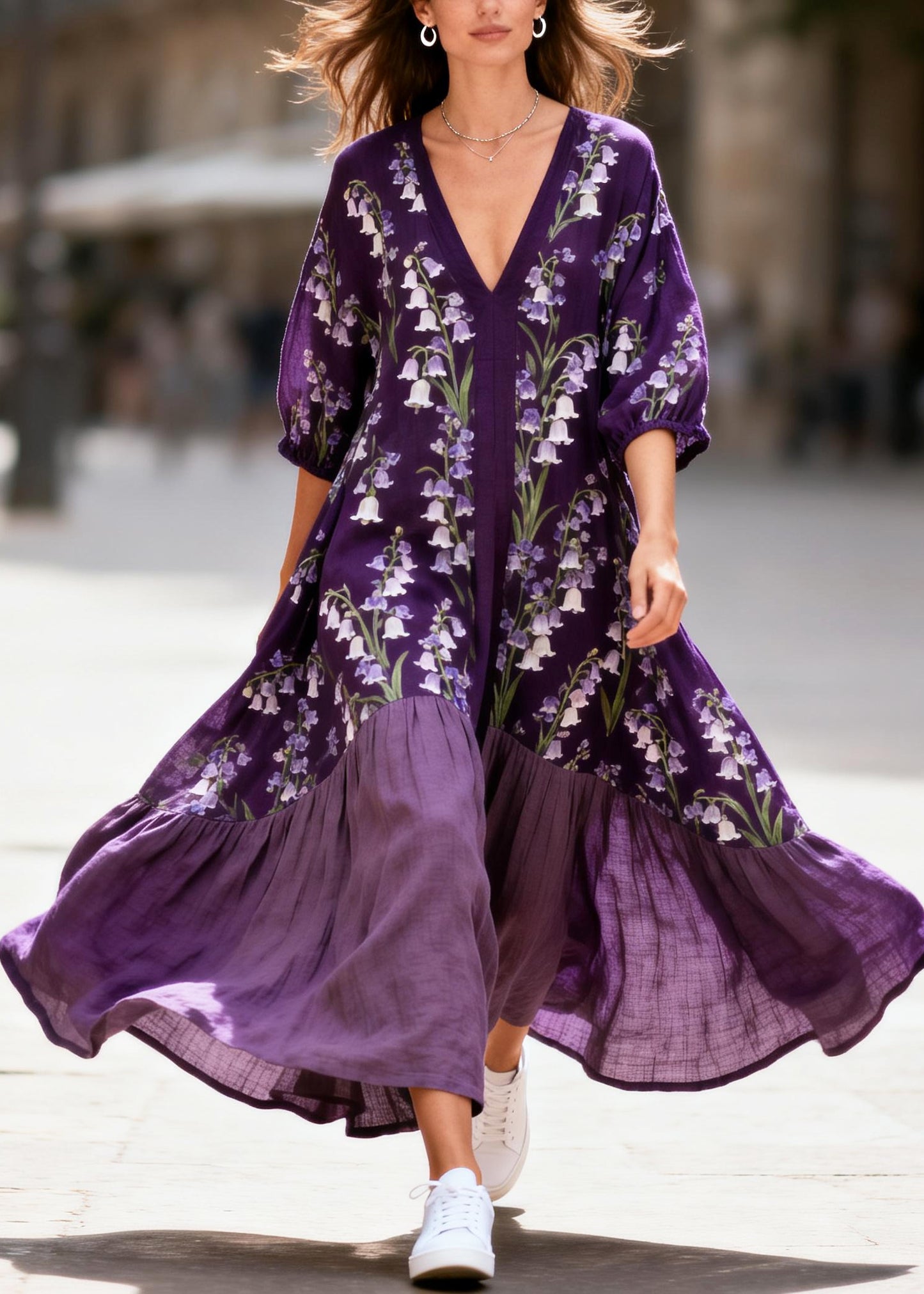 Plus Size Purple Oversized Patchwork Print Cotton Maxi Dresses Summer