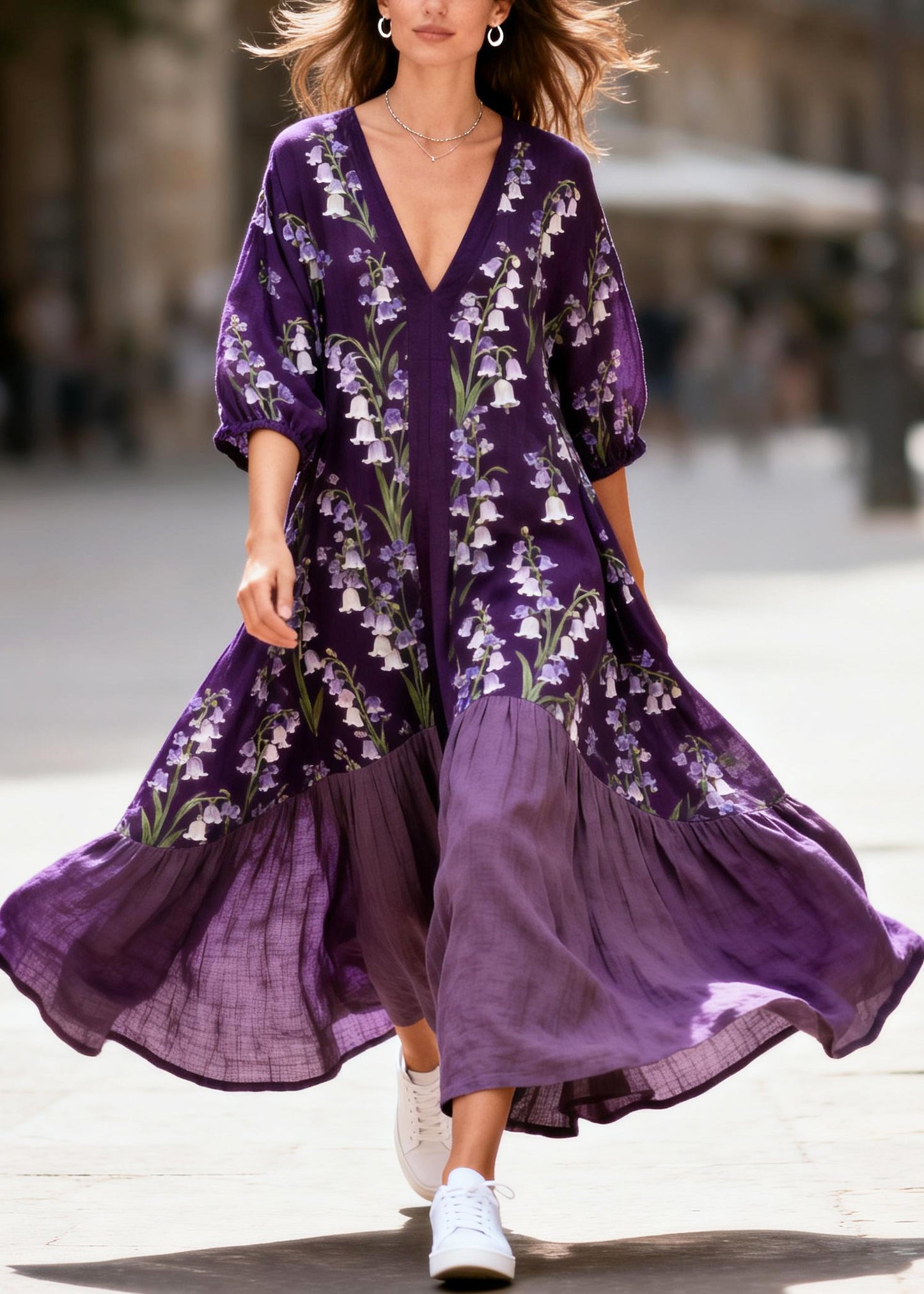 Plus Size Purple Oversized Patchwork Print Cotton Maxi Dresses Summer