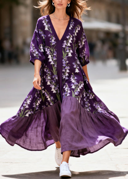 Plus Size Purple Oversized Patchwork Print Cotton Maxi Dresses Summer