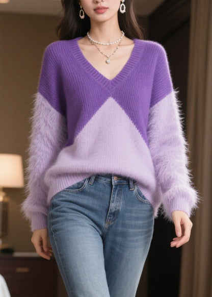 Plus Size Purple Patchwork Mink Hair Knitted Sweaters Winter