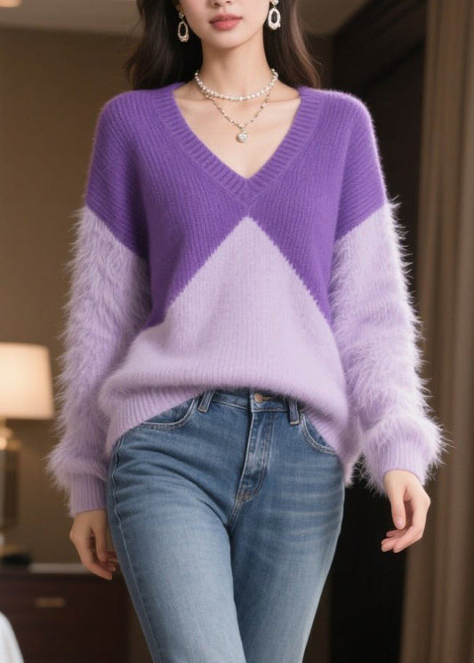 Plus Size Purple Patchwork Mink Hair Knitted Sweaters Winter
