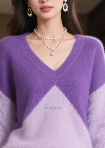 Plus Size Purple Patchwork Mink Hair Knitted Sweaters Winter