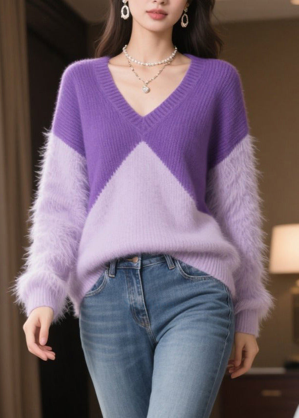 Plus Size Purple Patchwork Mink Hair Knitted Sweaters Winter