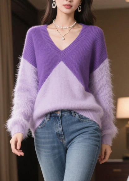 Plus Size Purple Patchwork Mink Hair Knitted Sweaters Winter