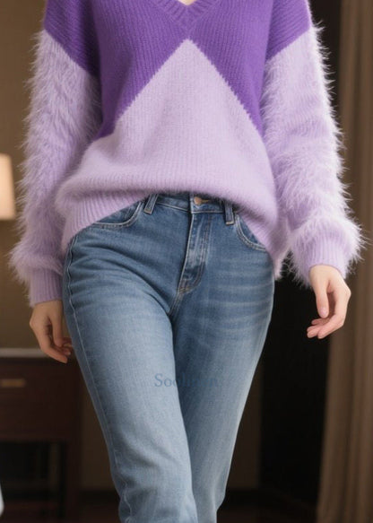 Plus Size Purple Patchwork Mink Hair Knitted Sweaters Winter