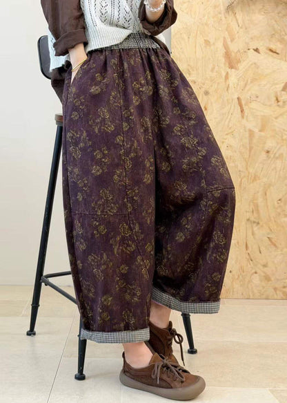 Plus Size Purple Pockets Print Patchwork Elastic Waist Cotton Pants Fall