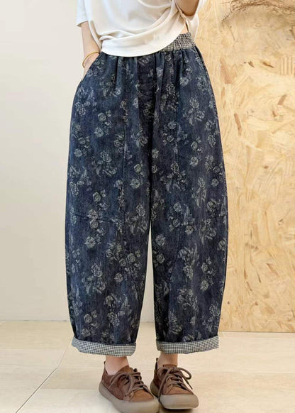 Plus Size Purple Pockets Print Patchwork Elastic Waist Cotton Pants Fall