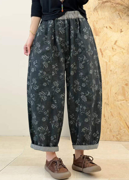 Plus Size Purple Pockets Print Patchwork Elastic Waist Cotton Pants Fall