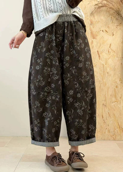 Plus Size Purple Pockets Print Patchwork Elastic Waist Cotton Pants Fall