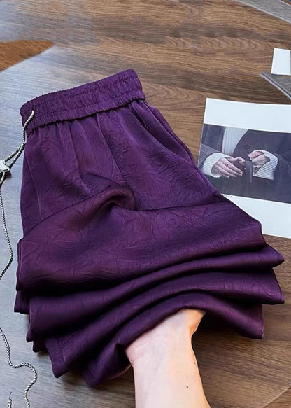 Plus Size Purple Print Elastic Waist Silk Cotton Wide Leg Pants Fall