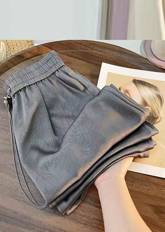 Plus Size Purple Print Elastic Waist Silk Cotton Wide Leg Pants Fall