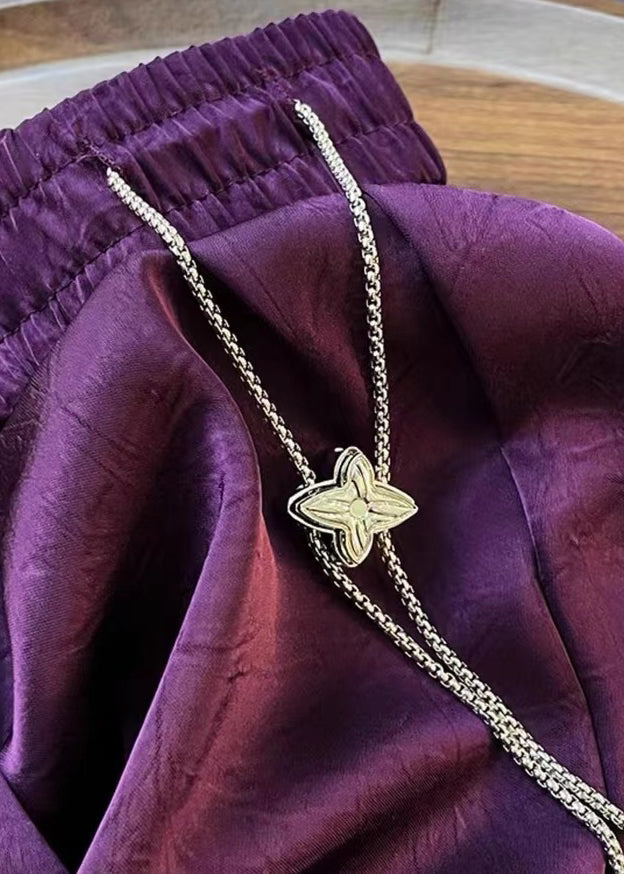 Plus Size Purple Print Elastic Waist Silk Cotton Wide Leg Pants Fall