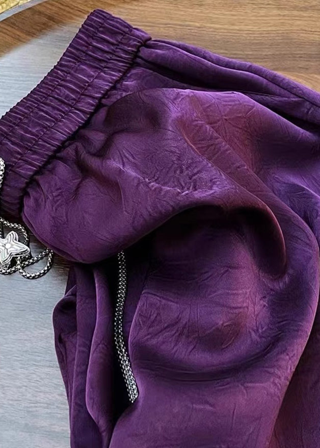 Plus Size Purple Print Elastic Waist Silk Cotton Wide Leg Pants Fall