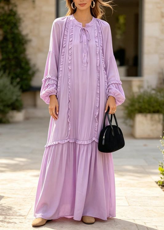 Plus Size Purple Ruffled Patchwork Cotton Ankle Dress Fall