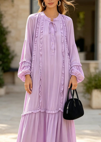 Plus Size Purple Ruffled Patchwork Cotton Ankle Dress Fall