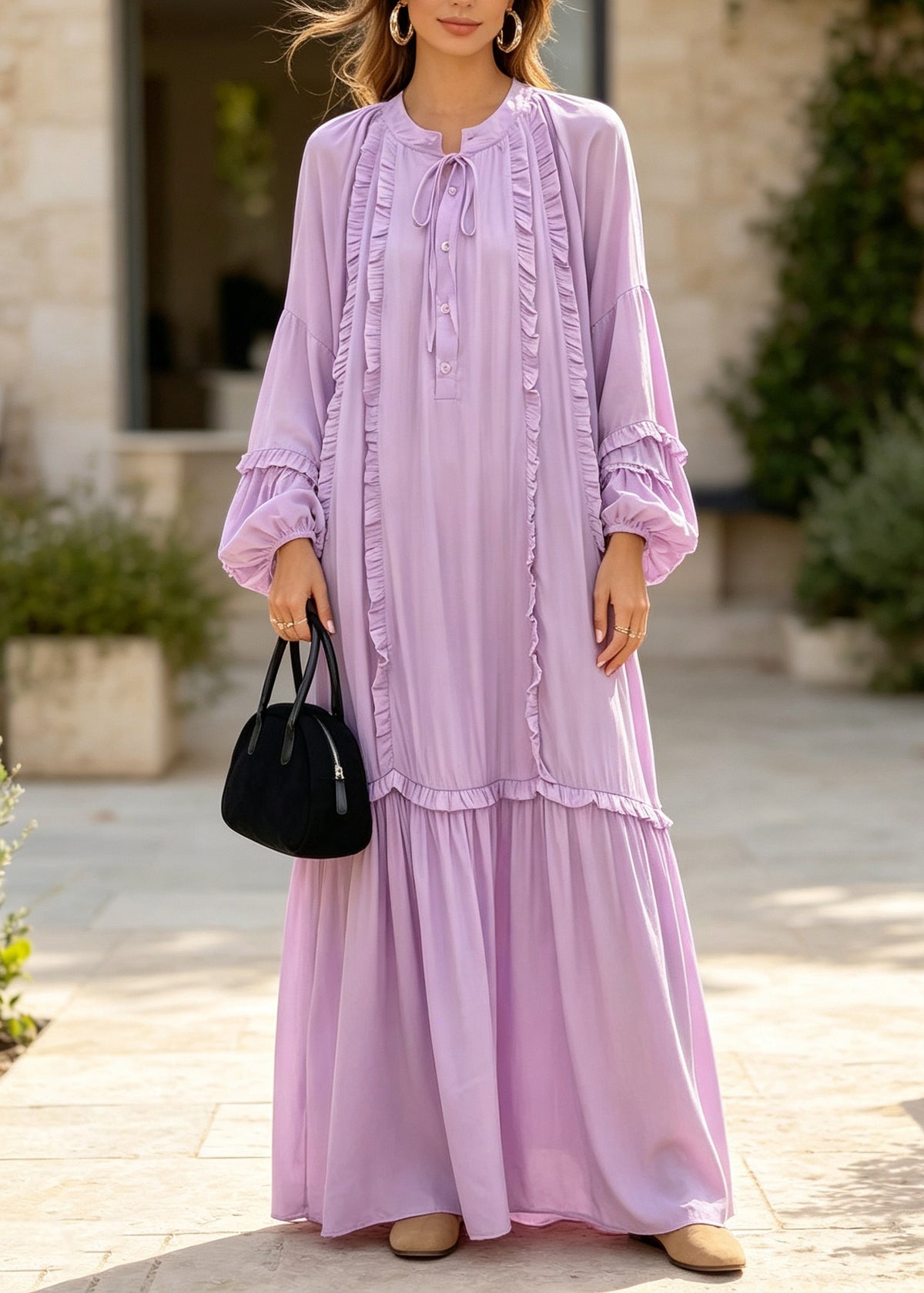 Plus Size Purple Ruffled Patchwork Cotton Ankle Dress Fall