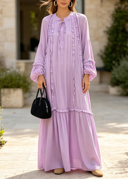 Plus Size Purple Ruffled Patchwork Cotton Ankle Dress Fall