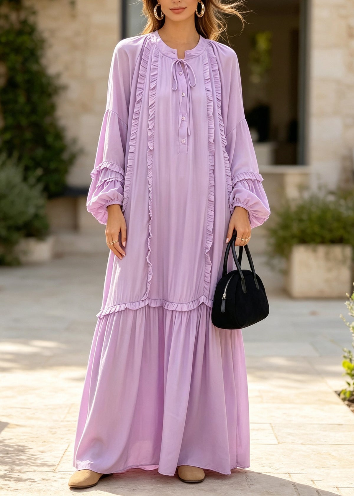 Plus Size Purple Ruffled Patchwork Cotton Ankle Dress Fall
