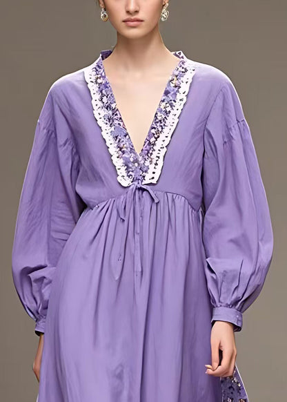 Plus Size Purple V Neck High Waist Patchwork Cotton Maxi Dress Fall