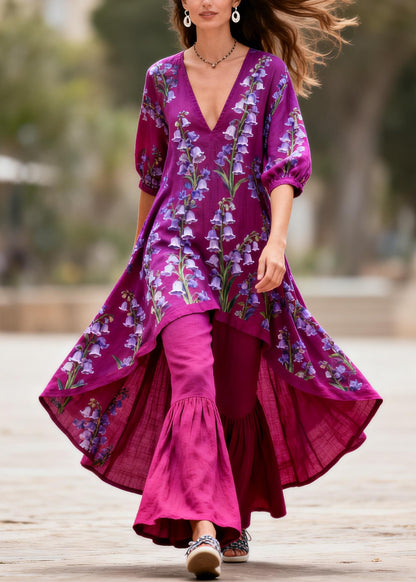Plus Size Purple V Neck Print Asymmetrical Top And Pants Cotton Two Pieces Set Summer