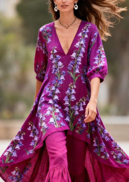 Plus Size Purple V Neck Print Asymmetrical Top And Pants Cotton Two Pieces Set Summer
