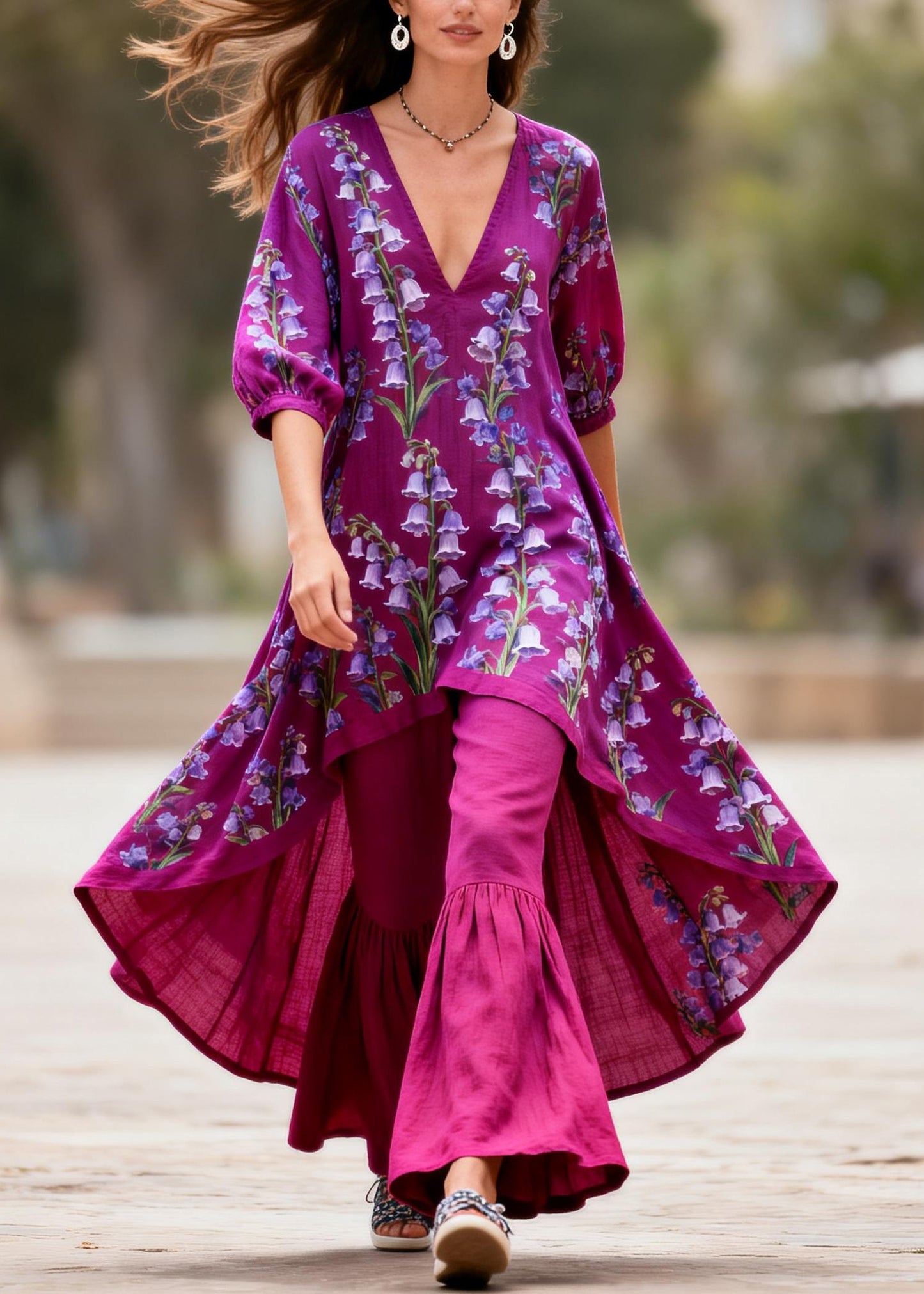 Plus Size Purple V Neck Print Asymmetrical Top And Pants Cotton Two Pieces Set Summer