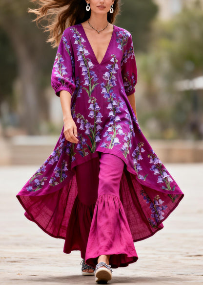 Plus Size Purple V Neck Print Asymmetrical Top And Pants Cotton Two Pieces Set Summer