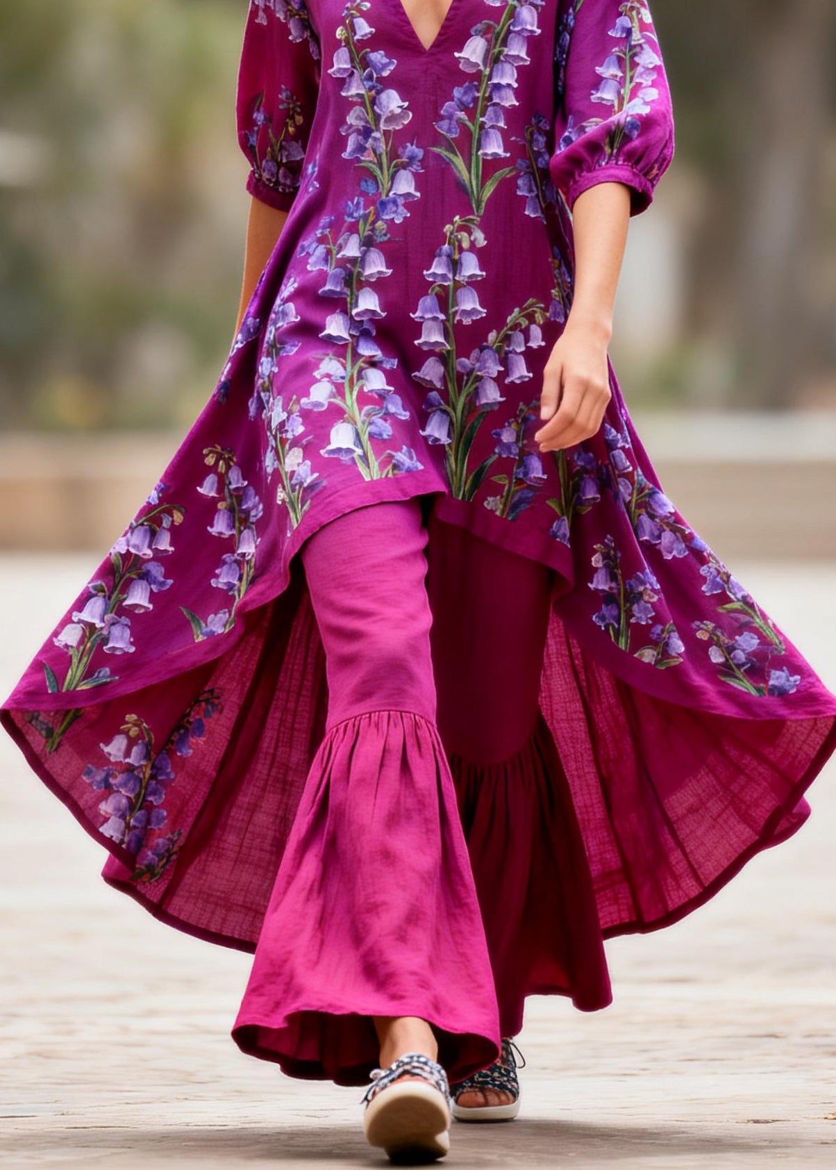 Plus Size Purple V Neck Print Asymmetrical Top And Pants Cotton Two Pieces Set Summer
