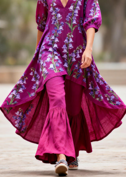 Plus Size Purple V Neck Print Asymmetrical Top And Pants Cotton Two Pieces Set Summer